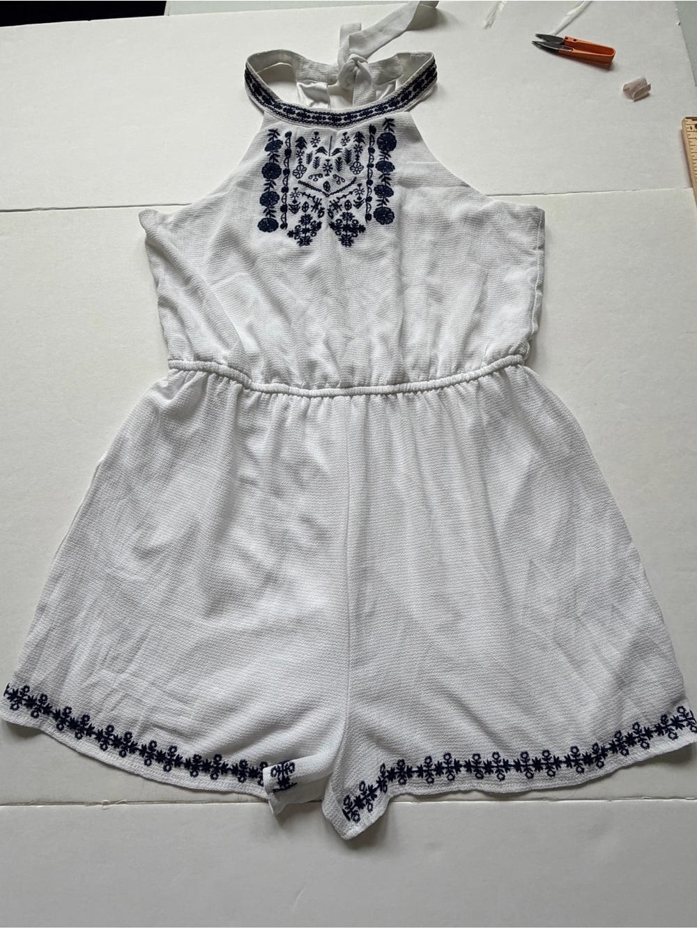 Three Hearts White Halter Romper with Navy Embroidery